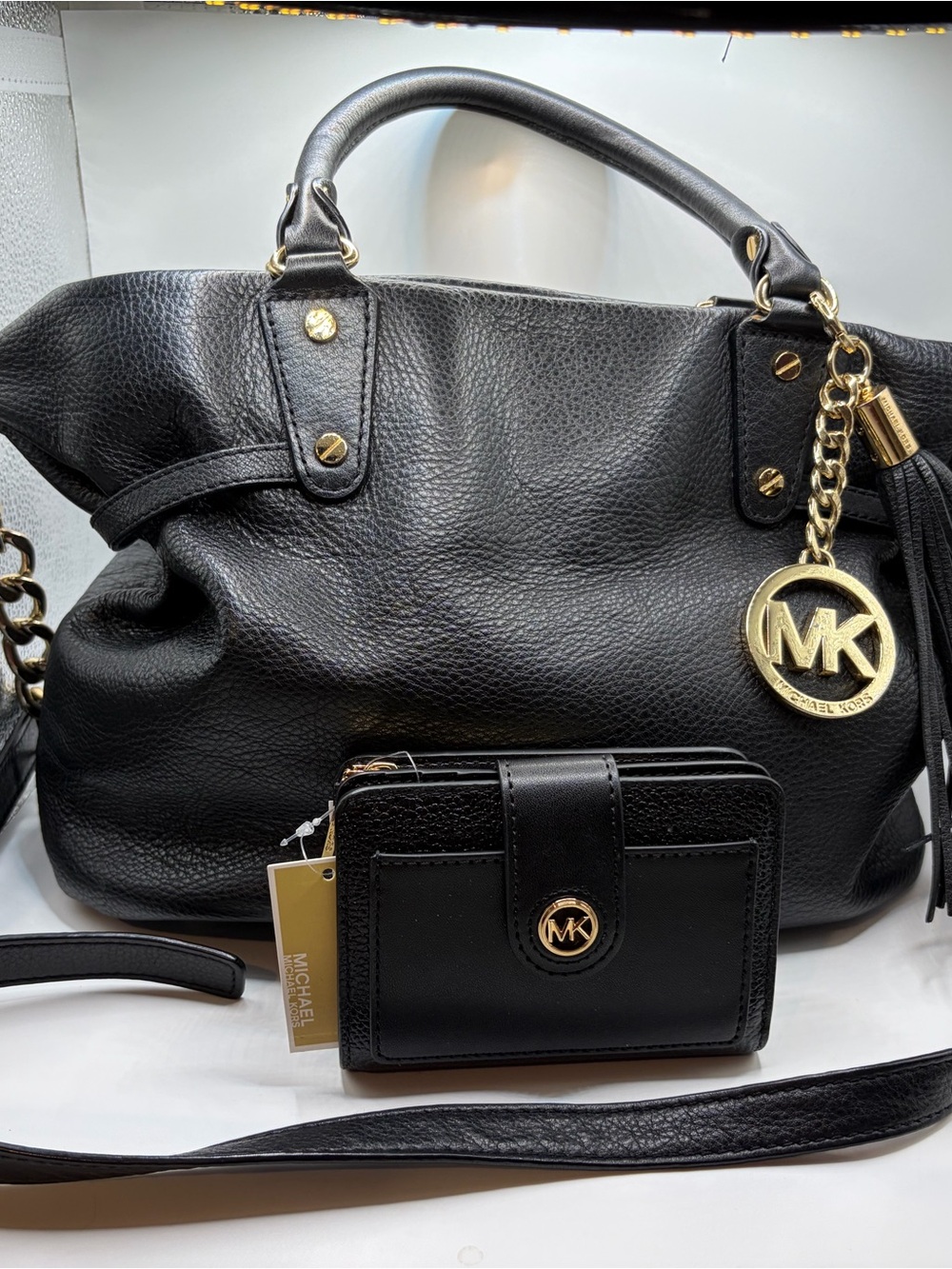 Michael Kors Black Pebbled Leather Tote with Gold Hardware and Wallet